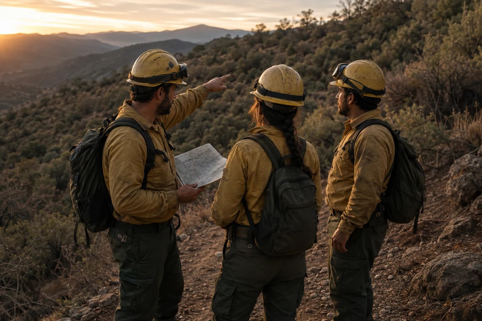 Escena ilustrativa de tres brigadistas revisando juntos un mapa en el terreno