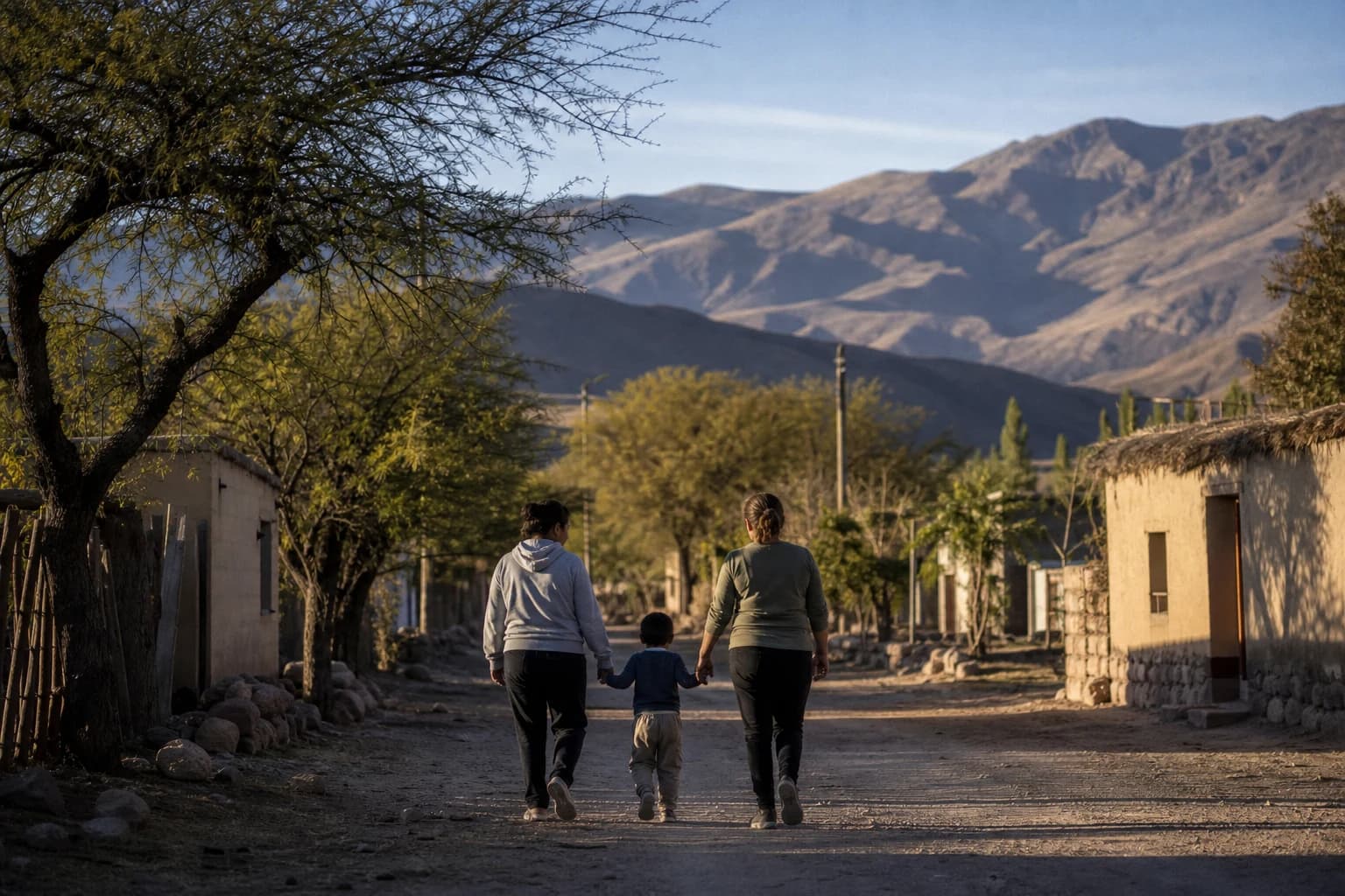 Escena ilustrativa de una familia caminando por una comunidad al pie de las sierras