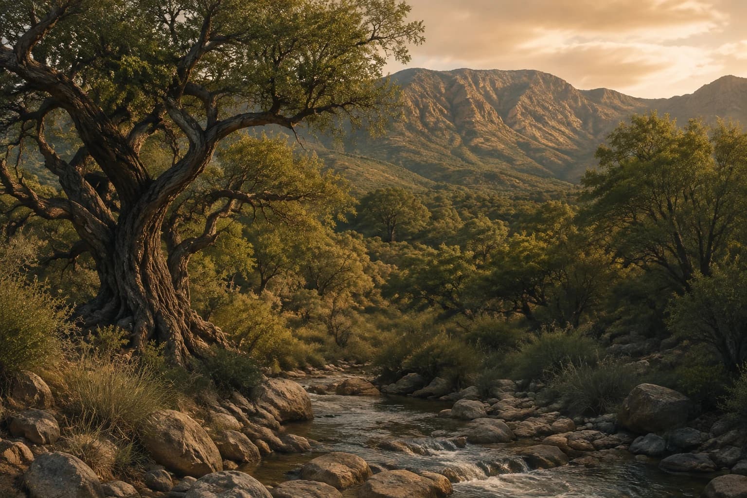 Escena ilustrativa de un bosque nativo con un arroyo entre las sierras